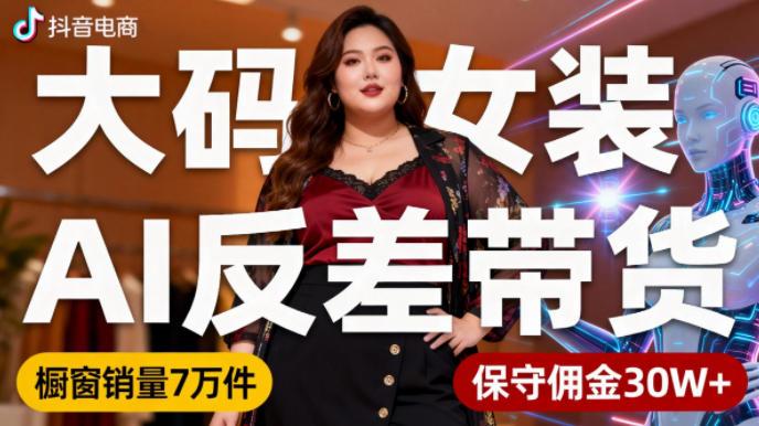 抖音小众赛道，大码女装AI反差带货，不用直播，每天6条作品，橱窗卖7万件，保守佣金30W+-资源教程须哥