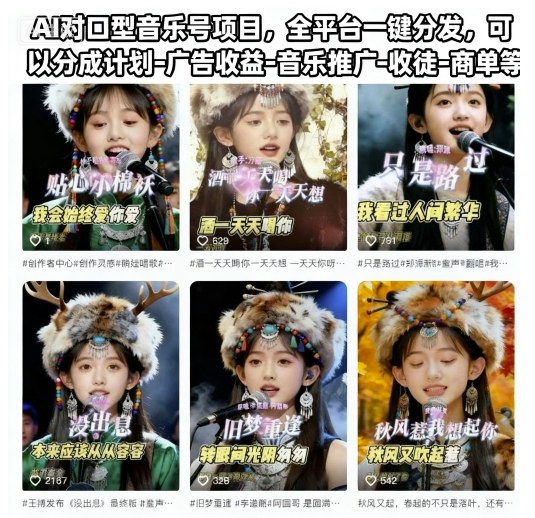 AI对口型音乐号项目，全平台一键分发，可以分成计划-广告收益-音乐推广-收徒-商单等-资源教程须哥