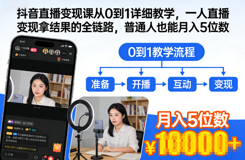 抖音直播变现课从0到1详细教学，一人直播变现拿结果的全链路，普通人也能月入5位数-资源教程须哥