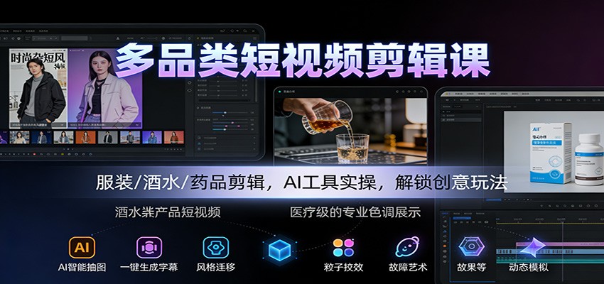 多品类短视频剪辑课：服装/酒水/药品剪辑，AI工具实操，解锁创意玩法-资源教程须哥