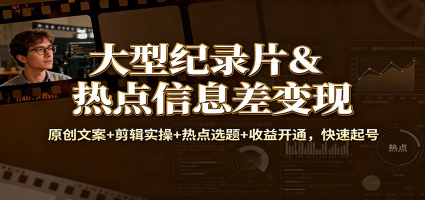 大型纪录片&热点信息差变现：原创文案+剪辑实操+热点选题+收益开通，快速起号-资源教程须哥