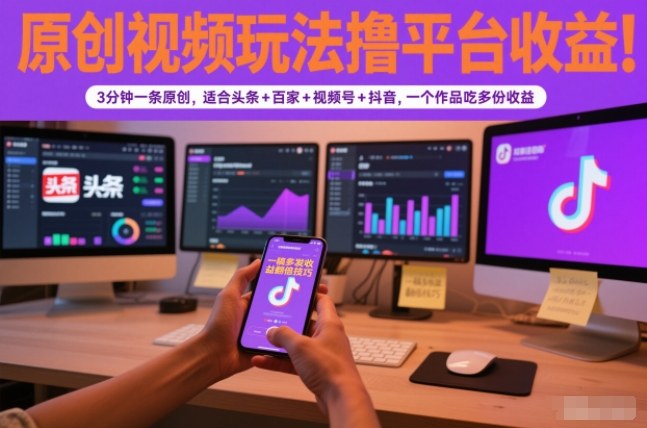 原创视频玩法撸平台收益，3分钟一条原创，适合头条+百家+视频号+抖音，一个作品吃多份收益-资源教程须哥