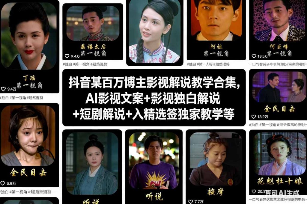 抖音某百万博主影视解说教学合集，AI影视文案+影视独白解说+短剧解说+入精选签独家教学等-资源教程须哥