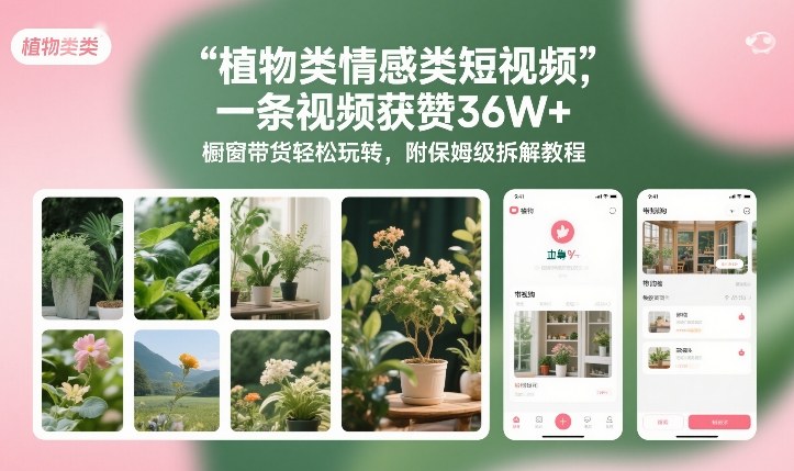 植物类情感类短视频，一条视频获赞36W+，橱窗带货轻松玩转，附保姆级拆解教程-资源教程须哥