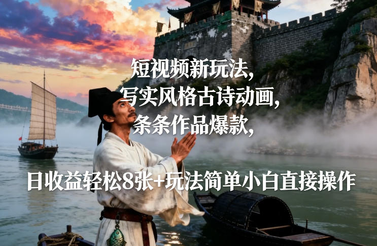 短视频新玩法，写实风格古诗动画，条条作品爆款，日收益轻松8张+玩法简单小白直接操作-资源教程须哥
