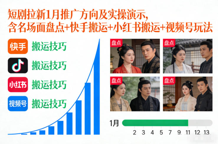 短剧拉新1月推广方向及实操演示，含名场面盘点+快手搬运+小红书搬运+视频号玩法-资源教程须哥