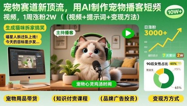 宠物赛道新顶流，用AI制作宠物播客短视频，1周涨粉2W(视频+提示词+变现方法)-资源教程须哥