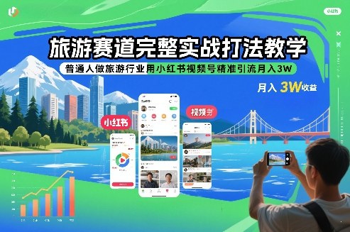 旅游赛道完整实战打法教学，普通人做旅游行业用小红书视频号精准引流月入3W-资源教程须哥