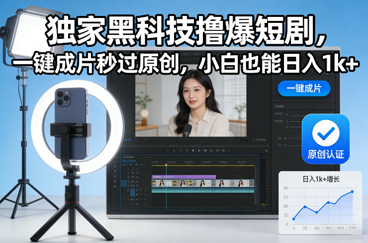 独家黑科技撸爆短剧，一键成片秒过原创，小白也能日入1k+【揭秘】-资源教程须哥