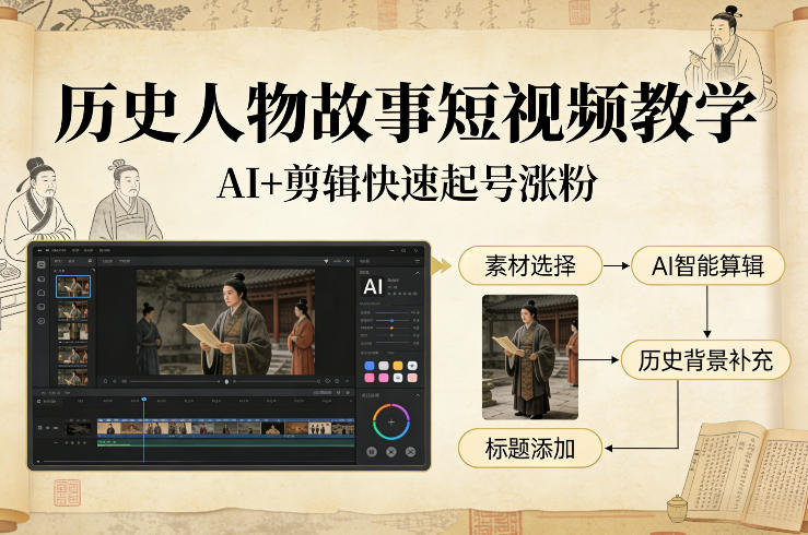 历史人物故事短视频教学，AI+剪辑制作历史人物题材短视频，快速起号涨粉-资源教程须哥