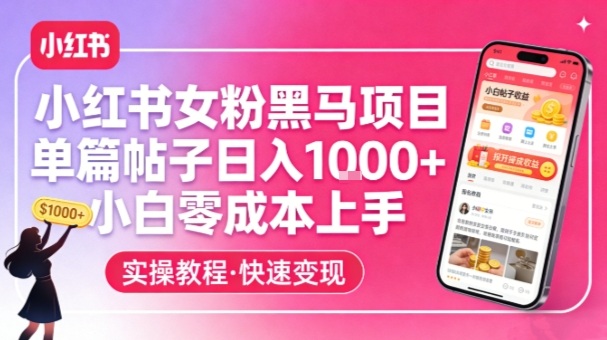 小红书女粉黑马项目,单篇帖子日入1k+,小白零成本上手-资源教程须哥