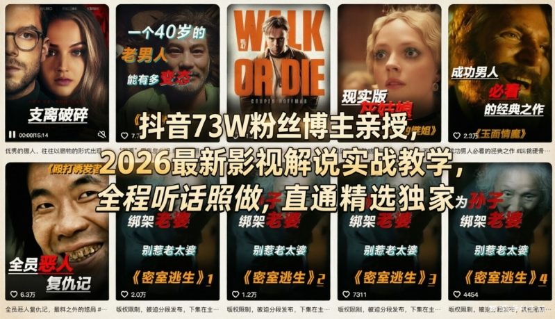 抖音73W粉丝博主亲授，2026最新影视解说实战教学，全程听话照做，直通精选独家-资源教程须哥