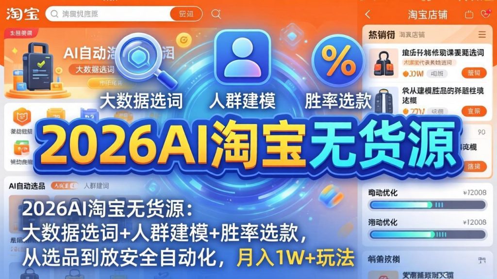 2026AI淘宝无货源:大数据选词+人群建模+胜率选款,从选品到放大全自动化,月入1W+玩法-资源教程须哥
