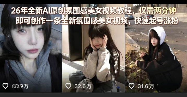 26年全新AI原创氛围感美女视频教程，仅需两分钟即可创作一条全新氛围感美女视频，快速起号涨粉-资源教程须哥