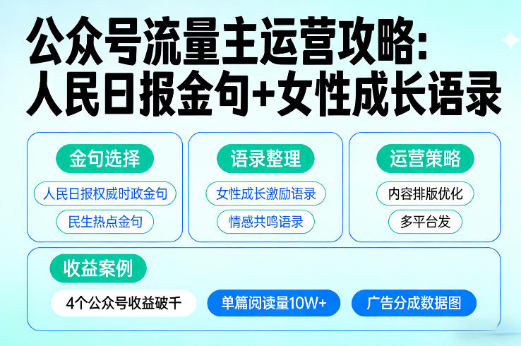 利用人民日报金句+女性成长语录做公众号流量主，4个公众号收益破千-资源教程须哥