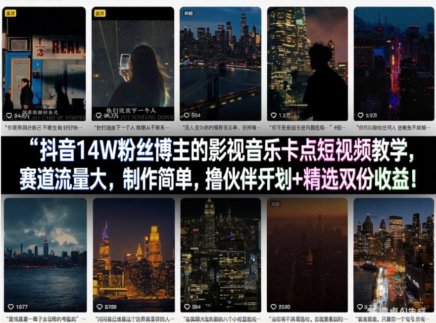 抖音14W粉丝博主的影视音乐卡点短视频教学，赛道流量大，制作简单，撸伙伴计划+精选双份收益！-资源教程须哥
