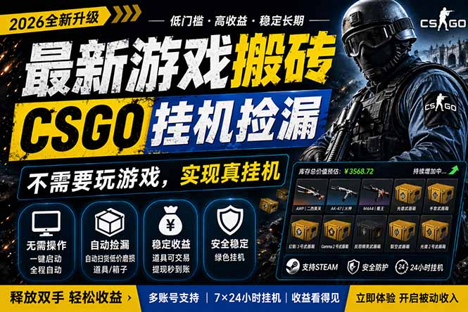 最新游戏搬砖，CSGO纯挂机，不需要玩游戏，实现真挂机，月入1W+，五一小高峰上车可吃肉，...-资源教程须哥