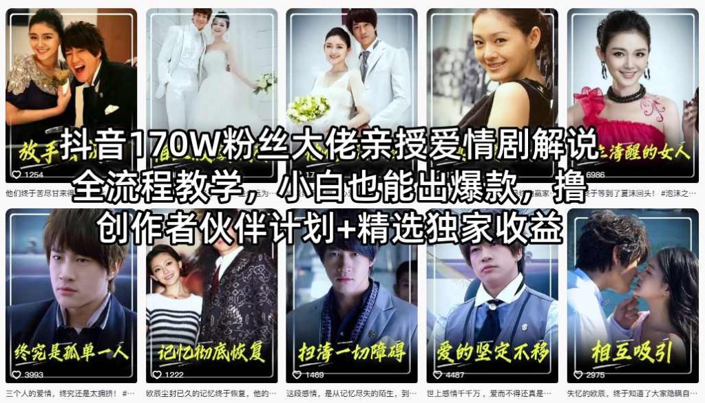 抖音170W粉丝大佬亲授爱情剧解说全流程教学，小白也能出爆款，撸创作者伙伴计划+精选独家收益-资源教程须哥