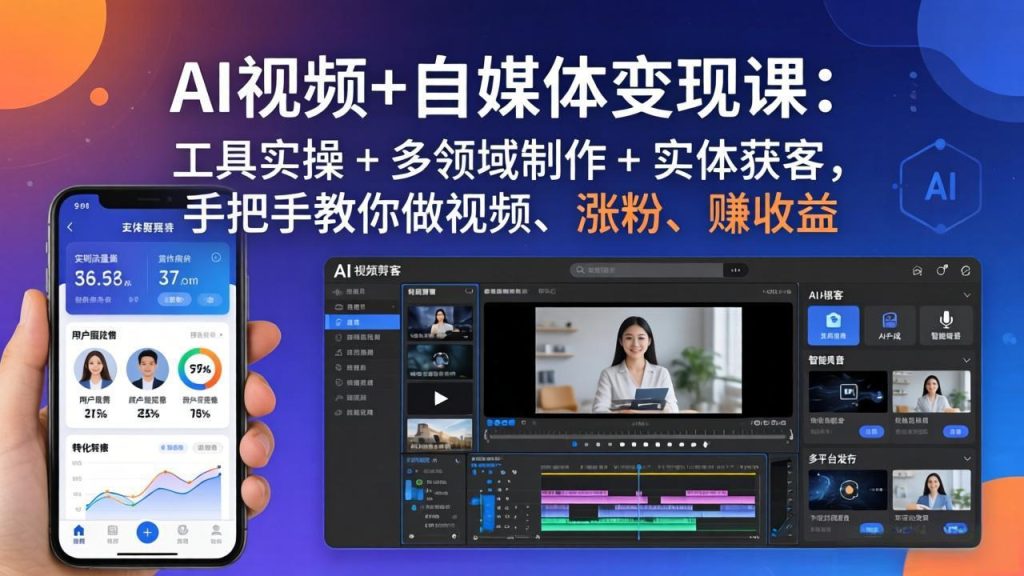 AI视频+自媒体变现课：工具实操 + 多领域制作 + 实体获客，手把手教你做视频、涨粉、赚收益-资源教程须哥