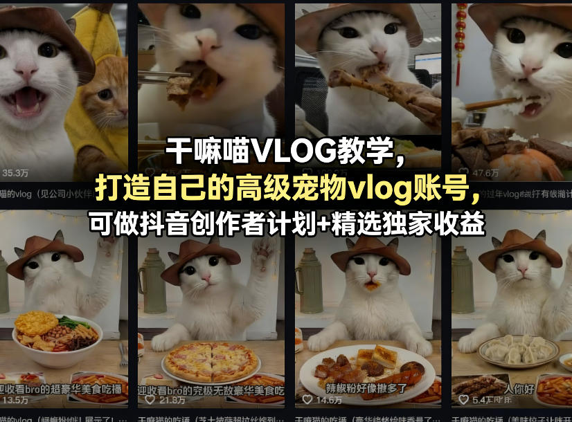 干嘛喵VLOG教学，打造自己的高级宠物vlog账号，可做抖音创作者计划+精选独家收益-资源教程须哥