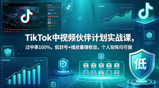 TikTok中视频伙伴计划实战课，过中率100%，低封号+播放量賺收益，个人矩阵均可做-资源教程须哥