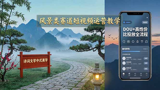 风景类赛道短视频运营教学：诗词文学中式美学，新号养号对标账号定位，DOU+高性价比投放全流程-资源教程须哥