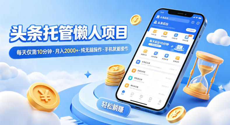 头条托管懒人项目，每天仅需10分钟，月入2000+，纯无脑操作，手机就能操作【揭秘】-资源教程须哥