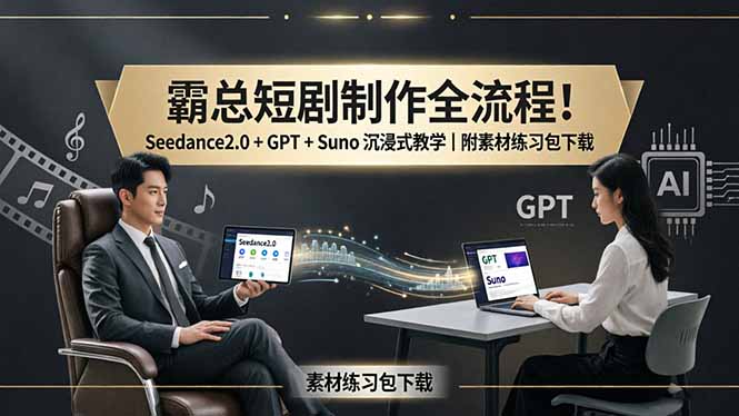 霸总短剧制作全流程！Seedance2.0 + GPT + Suno 沉浸式教学｜附素材练习包下载-资源教程须哥