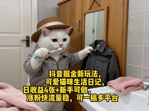 抖音掘金新玩法，可爱猫咪生活日记，日收益4张+新手可做，涨粉快流量稳，可一稿多平台-资源教程须哥