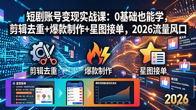 短剧账号变现实战课：0基础也能学，剪辑去重+爆款制作+星图接单，2026流量风口-资源教程须哥