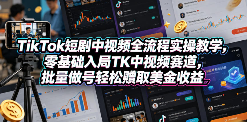 TikTok短剧中视频全流程实操教学，零基础入局TK中视频赛道，批量做号轻松賺取美金收益-资源教程须哥