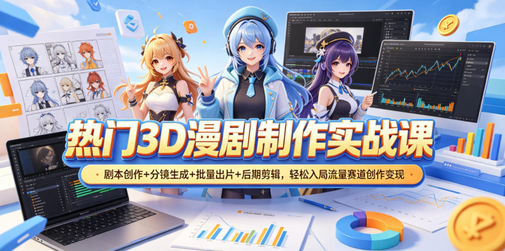 热门3D漫剧制作实战课,剧本创作+分镜生成+批量出片+后期剪辑,轻松入局流量赛道创作变现-资源教程须哥