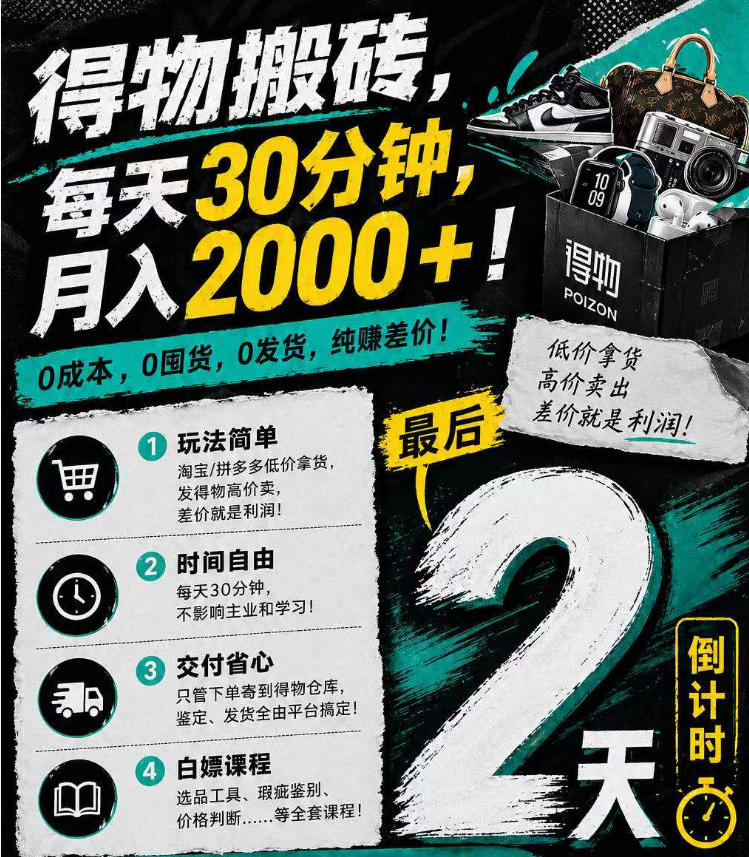 得物搬砖，0成本起步每天30分钟，月入2000+，0成本，0囤货，0发货，纯賺差价-资源教程须哥