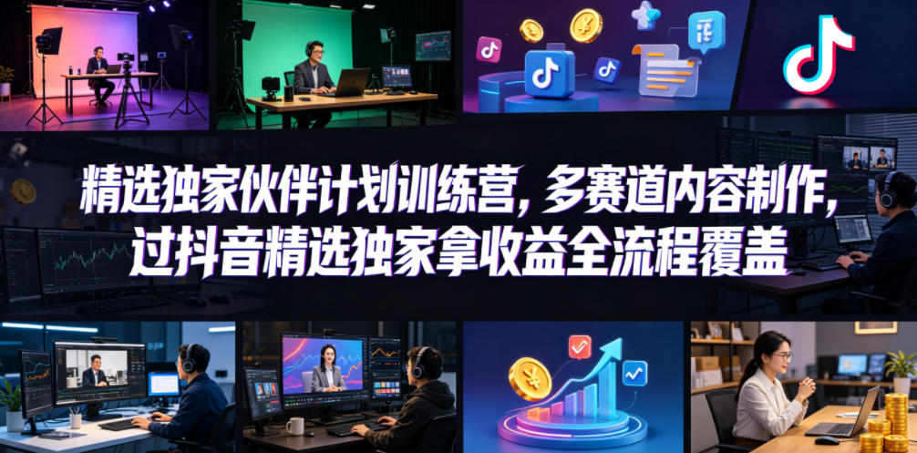 小豁食堂精选独家伙伴计划训练营，多赛道内容制作，过抖音精选独家拿收益全流程覆盖-资源教程须哥