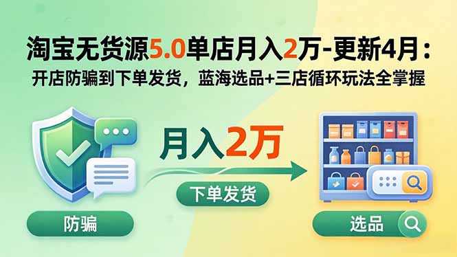 淘宝无货源5.0单店月入2万-更新5月：开店防骗到下单发货，蓝海选品+三店循环玩法全掌握-资源教程须哥