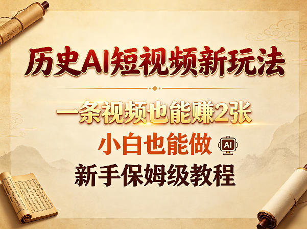 历史AI短视频新玩法，一条视频也能賺2张，小白也能做，新手保姆级教程-资源教程须哥