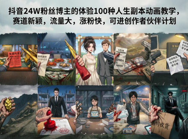 抖音24W粉丝博主的体验100种人生副本动画教学，赛道新颖，流量大，涨粉快，可进创作者伙伴计划-资源教程须哥