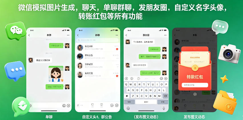 微信模拟图片生成，聊天，单聊群聊，发朋友圈，自定义名字头像，转账红包等所有功能都可以生成-资源教程须哥