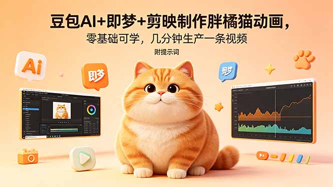 豆包AI+即梦+剪映制作胖橘猫动画，零基础可学，几分钟生产一条视频，附提示词-资源教程须哥