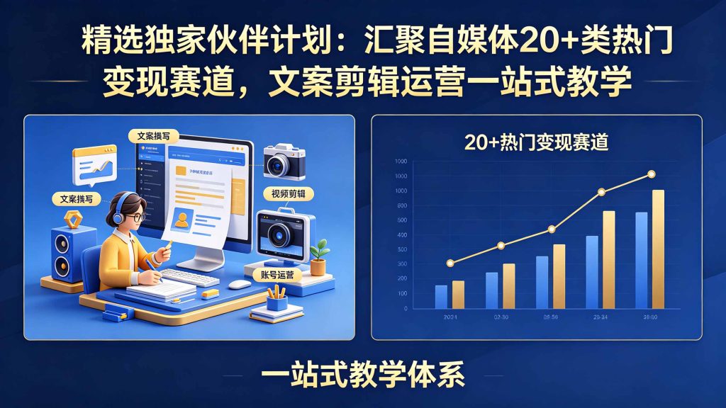 精选独家伙伴计划：汇聚自媒体20+类热门变现赛道，文案剪辑运营一站式教学-资源教程须哥